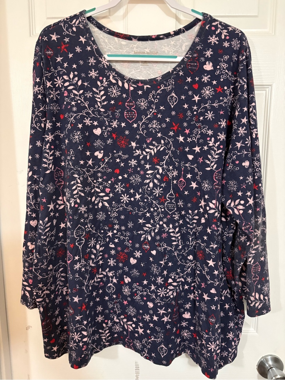 Woman Within 3x 30/32 Holiday print tunic top winter round neck LS navy print